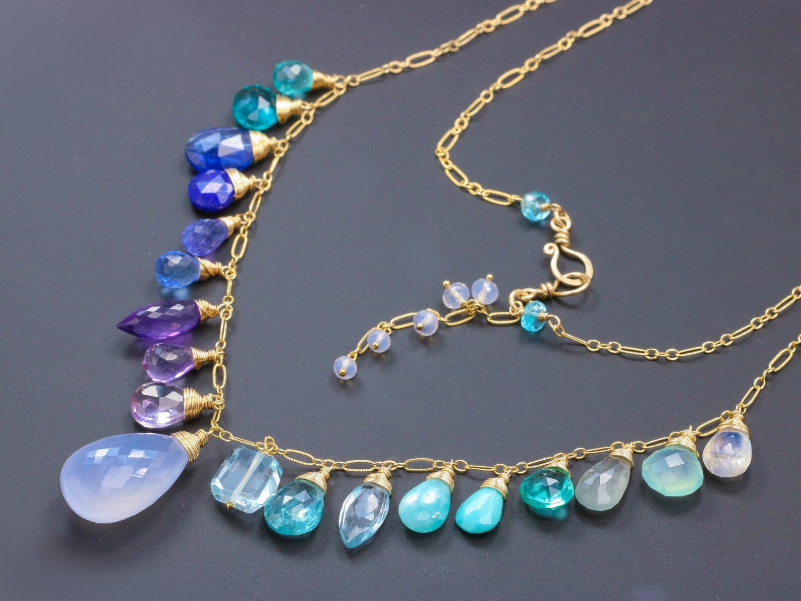 SOLID GOLD 14K Blue Gemstone Necklace Multi Gemstone Necklace Etsy