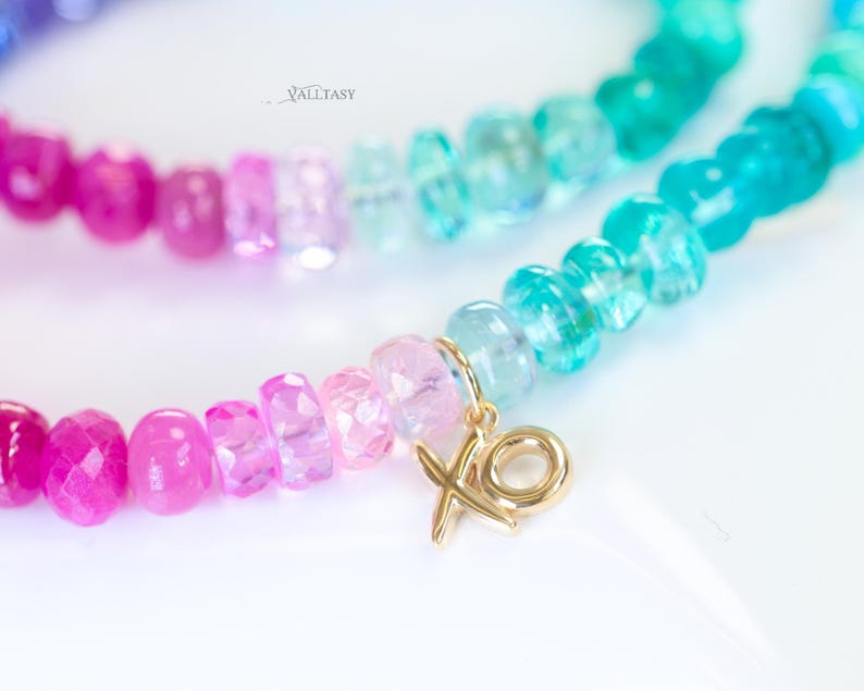 Multi Gemstone Beaded Necklace, 14K Gold XO Charm image 4