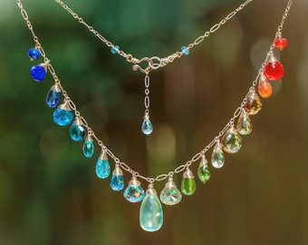 Rainbow Gemstone Necklace, 14K Gold Filled Precious Stone Drop