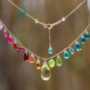 Rainbow Necklace Semi Precious Gemstone Necklace Rainbow Gemstone Necklace Multi Gemstone Drop Necklace Statement Colorful Necklace Gold 14K