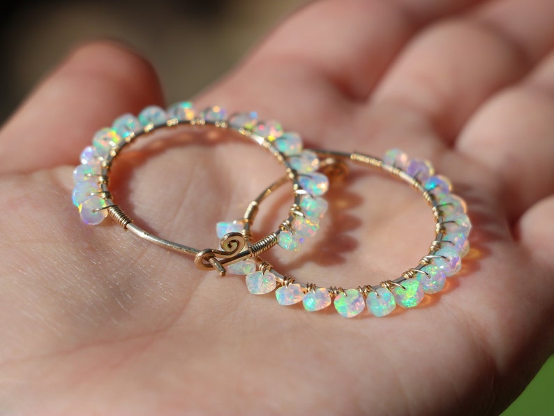 Ethiopian Opal Hoop Earrings Welo Opal Earrings Fire Opal Earrings Opal Small Hoop Earrings Gold Wire Wrapped Opal Hoops Hammered Hoops 14K