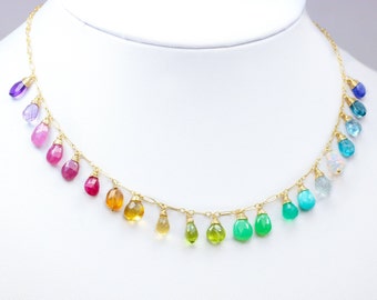 Rainbow Gemstone Necklace Colorful Stone Necklace Precious Gemstone Necklace Multi Stone Drop Necklace Rainbow Necklace Chakra Necklace Gold