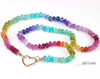 14K Solid Gold Rainbow Gemstone Necklace, Silk Knotted