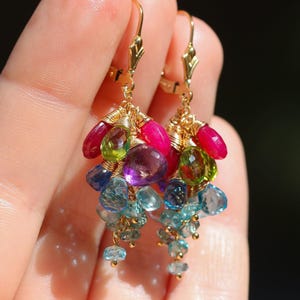 14K Solid Gold Gemstone Cluster Earrings: Ruby, Topaz, Amethyst