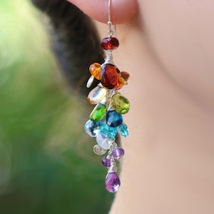 Multi Gemstone Earrings, Rainbow Earrings Rainbow Gemstone Earrings Dangle Colorful Earrings Multi Colored Cluster Earrings Cascade Earrings