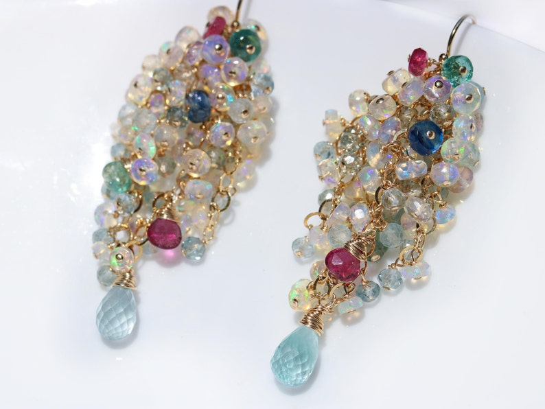 Äthiopische Opal Ohrringe Aquamarin Welo Opal Cluster Ohrringe Opal Turmalin Ohrringe Statement Ohrringe Edelstein Ohrringe Gold Lux Ohrring Bild 1