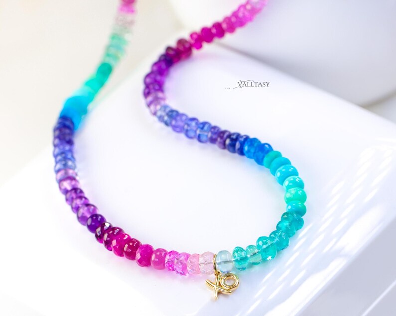 Multi Gemstone Beaded Necklace, 14K Gold XO Charm image 5