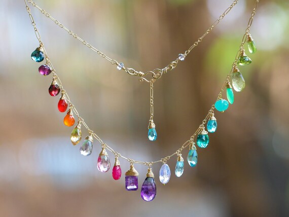 Long Rainbow gemstone candy necklace 14k gold OOAK – Vivien Frank Designs