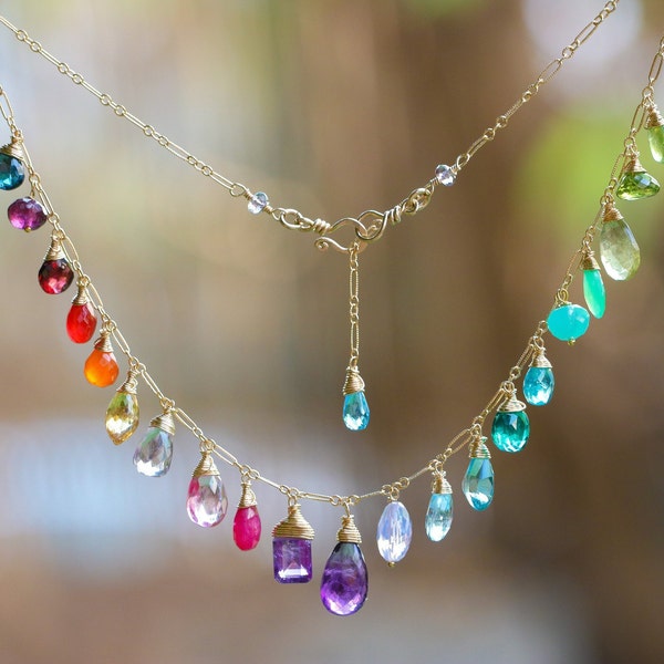 Rainbow Gemstone Necklace Rainbow Necklace Semi Precious Gemstone Necklace Multi Gemstone Drop Necklace Statement Colorful Necklace Gold 14K