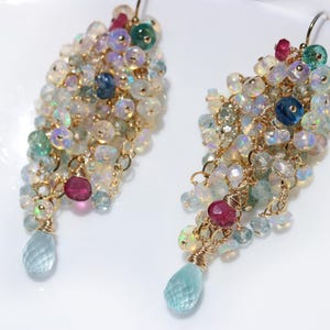 Ethiopian Opal Earrings Aquamarine Welo Opal Cluster Earrings Opal Tourmaline Earrings Statement Earrings Gemstone Earrings Gold Lux Earring