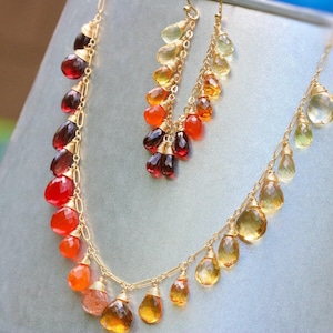 Multi Gemstone Necklace Rainbow Necklace Citrine Necklace Semi Precious Drop Necklace Ombre Colorful Necklace Orange Gemstone Garnet Gold