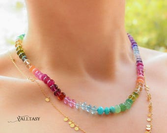 Silk Knotted Rainbow Gemstone Necklace, 14K Solid Gold