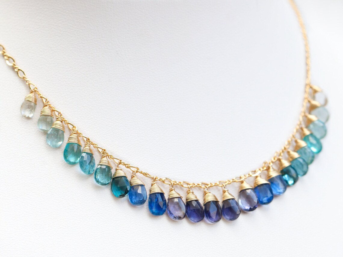 SOLID GOLD 14K Blue Gemstone Necklace Blue Ombre Necklace Etsy