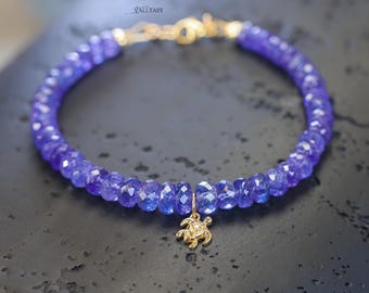 Pulsera de tanzanita, dije de tortuga en oro macizo de 14 quilates, talismán de diamantes