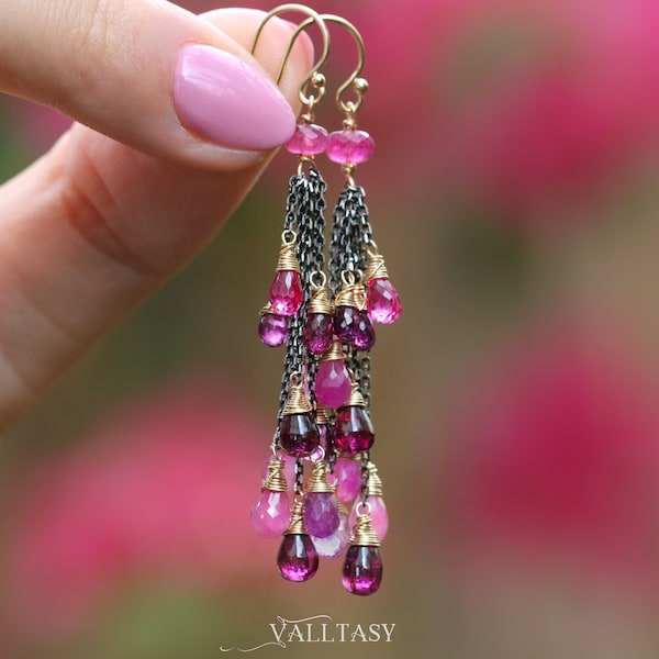 Pink Sapphire Earrings Pink Tourmaline Earrings Rhodolite Garnet Earrings Pink Gemstone Earrings Pink Dangle Earrings Pink Stone Long Dangle