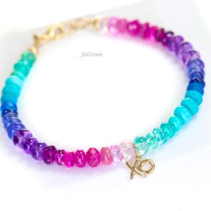 Vibrant Multi Gemstone Bracelet with Hugs and Kisses XO Charm in Solid Gold 14K