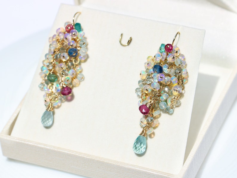 Ethiopian Opal Earrings Aquamarine Welo Opal Cluster Earrings Opal Tourmaline Earrings Statement Earrings Gemstone Earrings Gold Lux Earring image 4