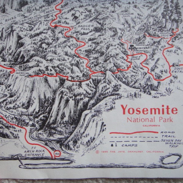 vintage 1965 Yosemite National Park Map Information