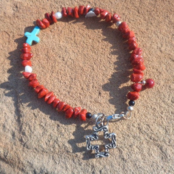 Red coral nuggets Cross Moon Beaded Anklet, Silver