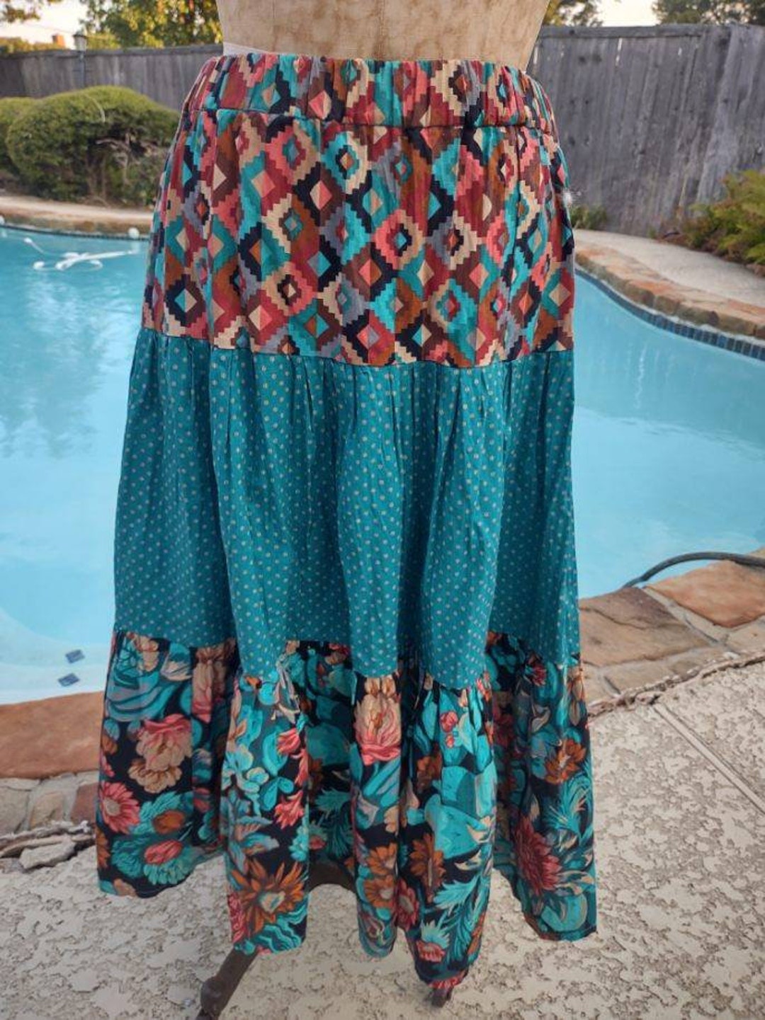 Vintage 70s Western Skirt, Western Cotton Wrap Skirt 1980s Handmade Navajo Southwest Aztec Print