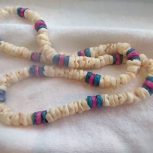 puka shell choker , Surfer Coconut Beaded necklace , white and blue pukka shell  choker