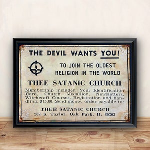 hand aged reproduction vintage art print Thee Satanic Church recruitment poster advertisement