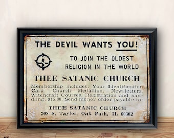 Aged Reproduction Thee Satanic Church advertisement - Art Print A4 size.