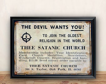 Aged Reproduction Thee Satanic Church advertisement - Art Print A4 size.