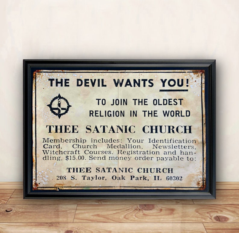 hand aged reproduction vintage art print Thee Satanic Church recruitment poster advertisement