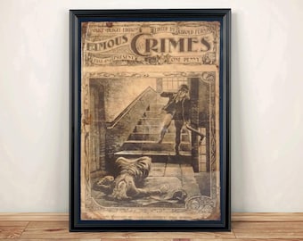 May include: A framed vintage print titled Famous Crimes, Police Budget Edition, edited by Harold Furniss. The sepia-toned illustration depicts a person standing on stone stairs looking down at a figure lying on the ground. The print has a weathered, aged paper appearance with decorative borders and text.