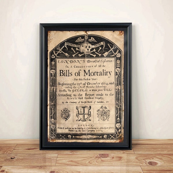 Aged Reproduction print Bills of Mortality 1665. Art Print - A4 size.