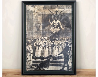 Könnte beinhalten: Eine Schwarzweiß-Vintage-Illustration einer geflügelten, gehörnten Figur mit einem Kreuz auf der Brust, die auf einer Plattform über einer Gruppe von Menschen in Roben steht. Die Figur scheint eine Darstellung von Satan zu sein.
