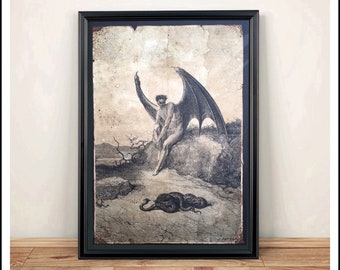 Aged Reproduction Print of The Devil and A Snake - Art Print - A4 size.