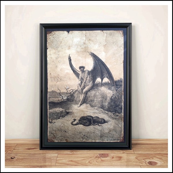 Aged Reproduction Print of The Devil and A Snake - Art Print - A4 size.