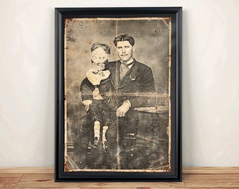 Aged Reproduction print of a Victorian ventriloquist and his creepy dummy. Art Print - A4 size.