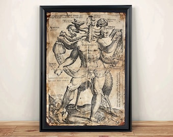 Aged Reproduction print of a weird multi headed monster man! Art Print - A4 size.
