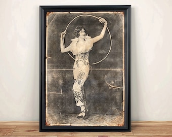 Aged Reproduction of a vintage glamour girl with hoop. Art Print - A4 size.