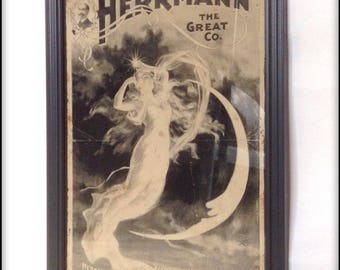 Aged reproduction Victorian magician poster for Herrmann the Great's 'Maid on the Moon' illusion - Art Print A4 size.