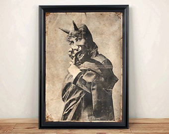 Aged Reproduction vintage horned girl with mask.