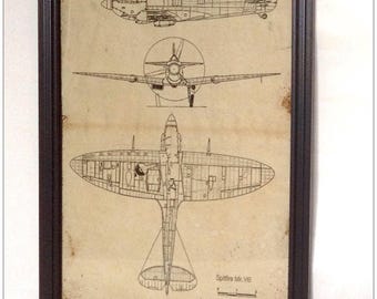 Impression de plans Spitfire - Reproduction vieillie à la main - Format A4.