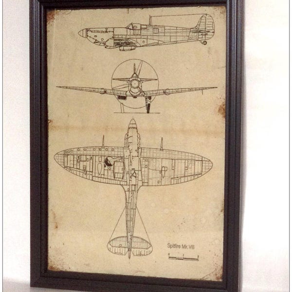 Aged reproduction print of blueprints for a Spitfire Mk. Vb - A4 size.