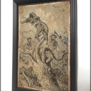 Giant Octopus fighting with Sailors aged print - A4 size.