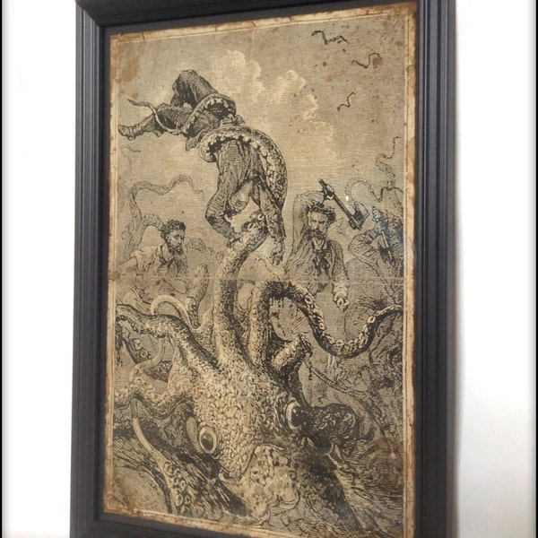 Giant Octopus fighting with Sailors aged print - A4 size.