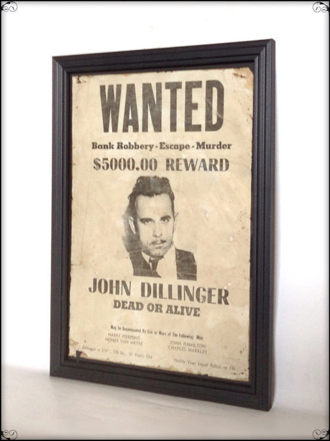 John Dillinger Wanted Poster Aged Reproduction - Art Print