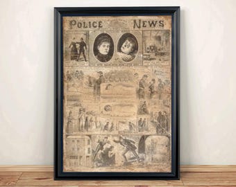 May include: A framed vintage newspaper print titled Police News, featuring sepia-toned illustrations of historical crime scenes, portraits of individuals, and detailed sketches of urban settings, all enclosed within a simple black rectangular frame.