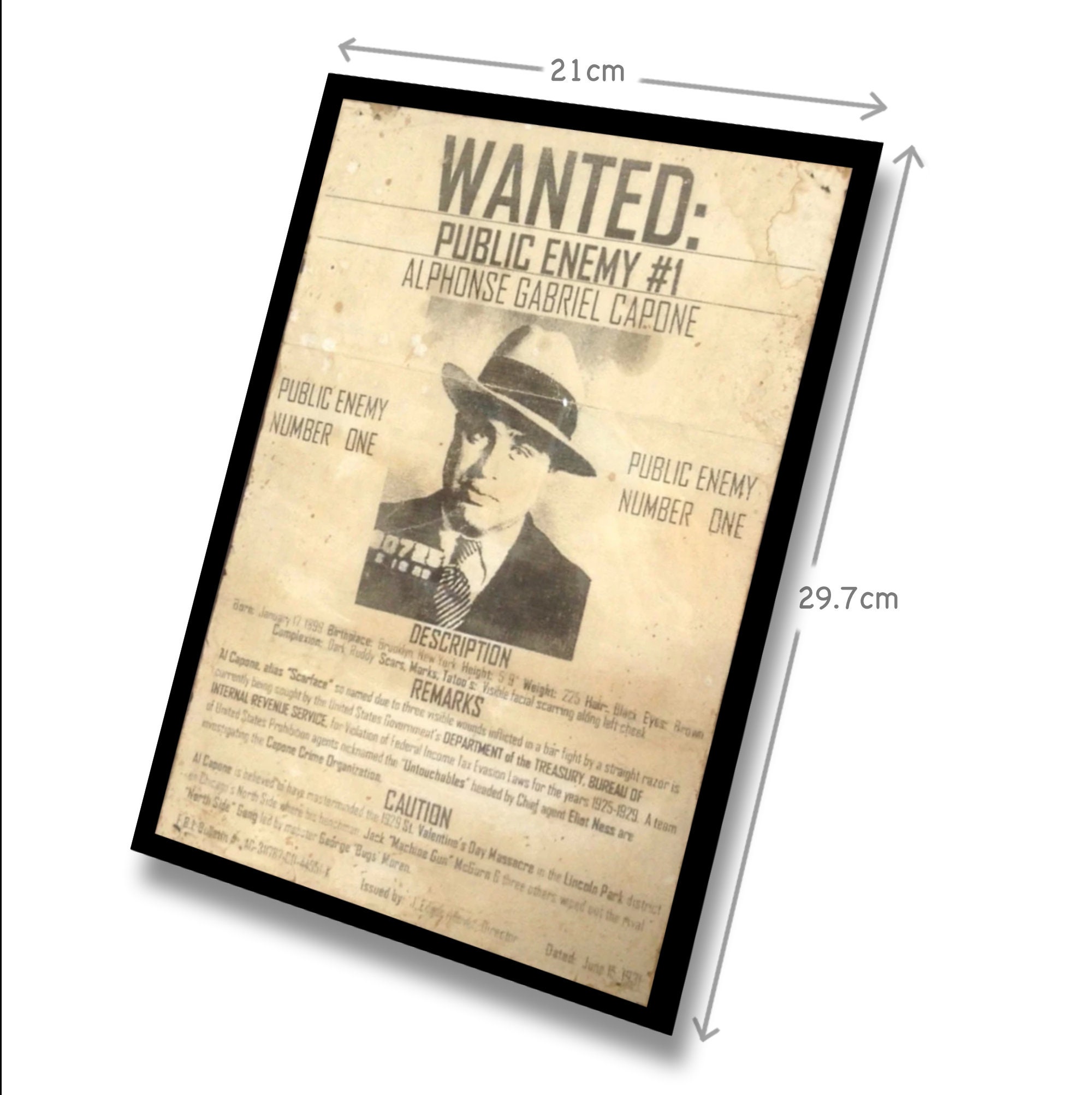 Al Capone Wanted Poster Hand Aged Reproduction Print Art Print A4