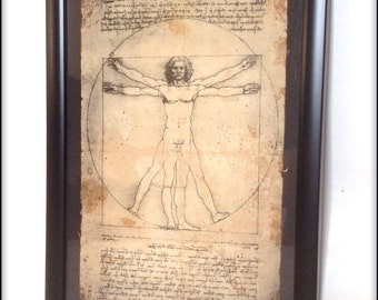 Vitruvian Man Aged Print of Da Vinci's illustration - Art Print A4 size.