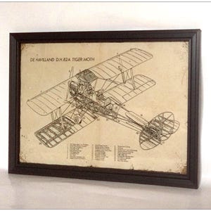 Reprodução envelhecida do diagrama clássico do biplano De Havilland Tiger Moth - Impressão artística tamanho A4.