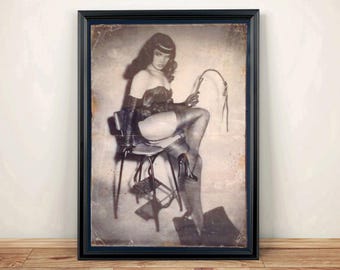 Bettie Page The Queen of Pinups Art Print - Hand Aged - A4 size