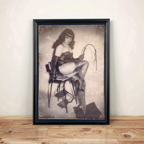Bettie Page The Queen of Pinups Art Print - Hand Aged - A4 size
